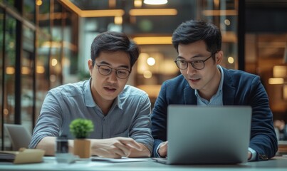 Two asian business persons working together. Businessman brainstorming, having a discussion with his colleague about work project, working on laptop computer at modern office. Business, Generative AI