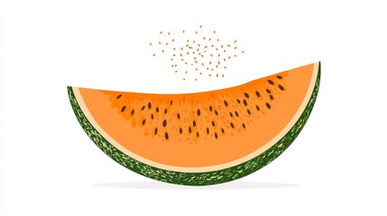 Half melon with detailed rind and seeds, in clean line art, minimalist style, on a bright white background