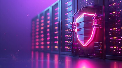 A futuristic server room with glowing lights and a digital shield representing cybersecurity and data protection against threats.