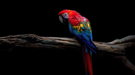 Obraz premium Scarlet Macaw Parrot Perched on Branch Against Black Background.