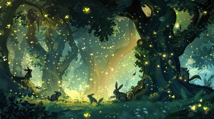 Enchanting Forest with Rabbits and Fireflies.