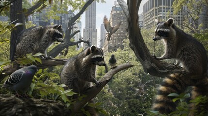 Obraz premium Raccoons and Pigeons in Urban Park.