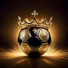 golden soccer ball, Artistic Image of Gold Soccer Ball with Crown, Shiny Panels, Radiant Glow, Soft Mist, Dramatic Background, Cinematic Light