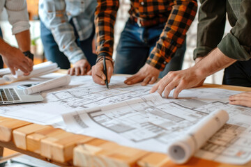 photo Project Planning: Team members gathered around a table with blueprints and plans