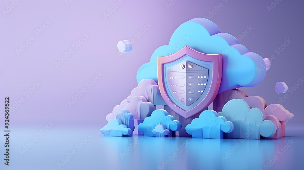 Poster abstract 3d illustration of cloud computing security with a shield symbol surrounded by clouds, repr