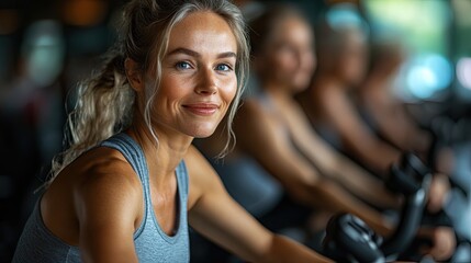 Fototapeta premium a young trainer doing cardio work out with a group of seniors in gym