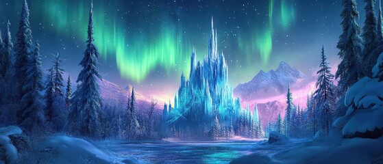 Fototapeta premium An elegant ice castle surrounded by a snowy forest, with soft northern lights illuminating the sky in shades of green and purple
