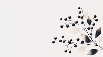 Fototapeta premium Elegant elderberry branches with berries, minimalistic line work, white canvas, hand-drawn simplicity