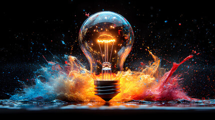 Creative light bulb explodes with colorful paint and splashes on a black background. Think differently creative idea concept