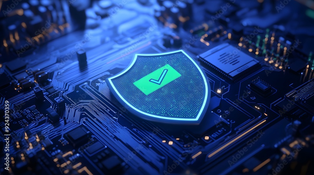 Poster close-up of a glowing security shield with a checkmark on a microchip, representing cybersecurity an