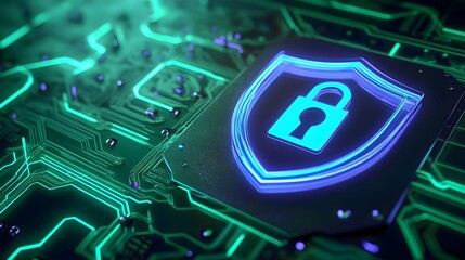 Fototapeta premium Close-up of digital circuit board with a glowing lock symbol, representing cybersecurity and data protection concepts.