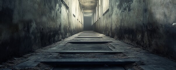 Obraz premium A dark and narrow tunnel with steps leading down. The walls are rough and the lighting is dim.