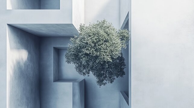 A lone tree grows in the center of a concrete courtyard, surrounded by walls and open spaces. The image captures the contrast between nature and urban architecture.