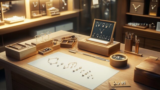 A vintage watchmaker's workbench with tools, a sign, and a clock on the wall.