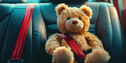 Child Safety Theme in Transportation Teddy Bear on Backseat Secured with Seat Belt