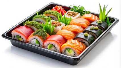 Assorted sushi rolls, nigiri, and sashimi neatly arranged in a sleek, black takeaway container, garnished with sesame seeds and fresh green onion, on a white background.