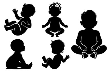 Set of baby and toddler silhouette isolated on white background. Sitting, crawling and standing. Vector illustration, Baby silhouettes vector illustration set.