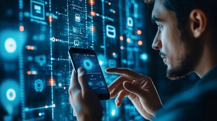 Cyber security system, biometric identification, data protection technology concept. Man using mobile phone with face scanning to access personal data, Generative AI