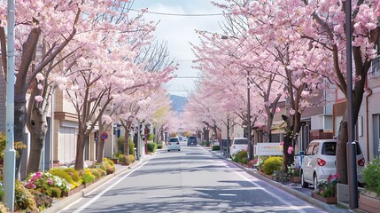 Gorgeous cherry or akura trees in full bloom in the spring along the street