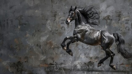 Fototapeta premium Black Horse Leaping Against Grunge Background.