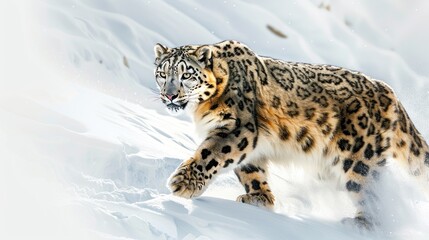 Fototapeta premium Majestic Snow Leopard Walking in Snow.
