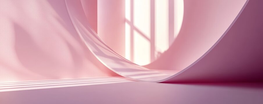 Abstract pink fabric drapes over a window with soft lighting.