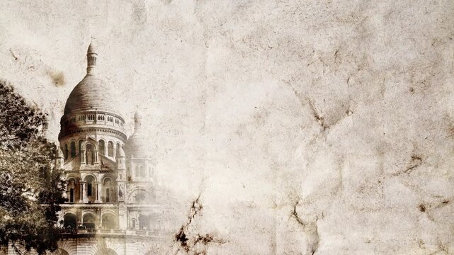 Collage of moving main landmarks of Paris on old grunge paper with time lapse of sky with clouds. Sacre Coeur, Notre Dame and Eiffel Tower. 4k creative video animation with parallax effect.