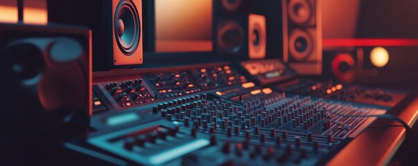 Close-up of a sound mixing board in a professional recording studio.