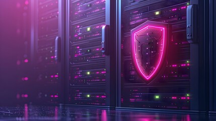 Obraz premium Data network server room with cybersecurity shield icon symbolizing data protection. Digital information security concept.