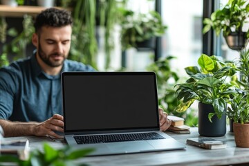 mockup, blank screen laptop computer. Business man working on laptop computer on table at office. mock up for website design and digital marketing, over shoulder, Generative AI