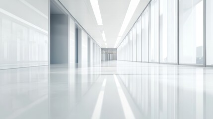 Fototapeta premium Empty modern office hallway with bright lighting and reflective floors.