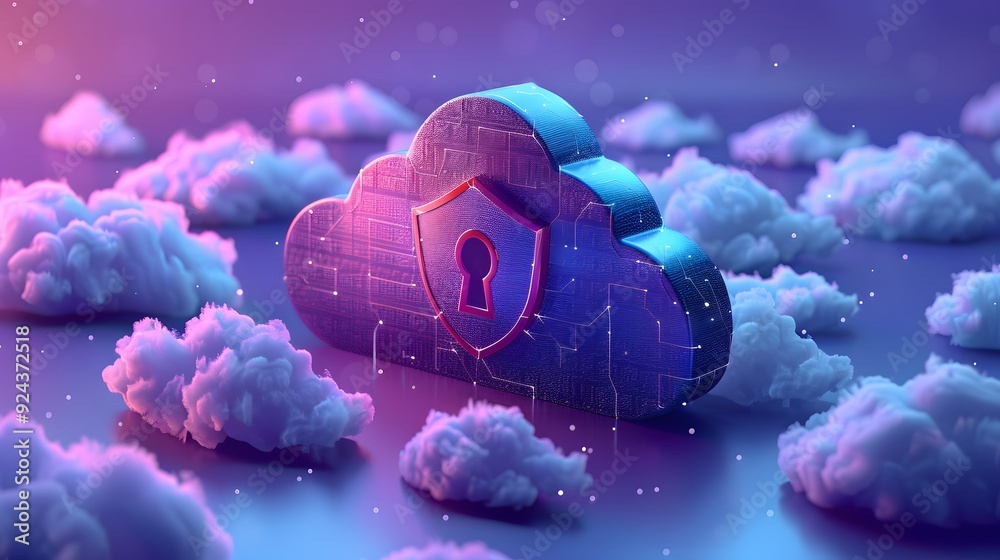 Poster digital cloud security concept with floating clouds and a lock symbol, representing data protection 