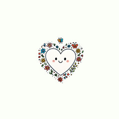 A heart drawn with black lines, surrounded by colorful flowers and grass. 
