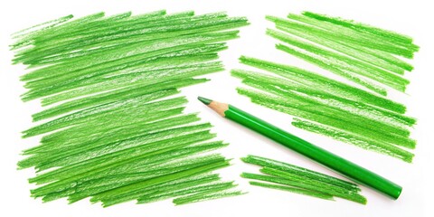 Obraz premium Bright green pencil strokes in various directions and lengths are scattered across a clean white background, creating a vibrant and playful abstract design element.