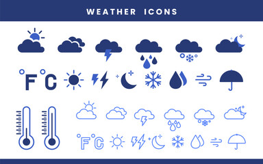 Weather icon set. Containing temperature, sun, rain, snow, cloud, summer, winter, spring, cloudy and rainy season. Climate symbol. Solid icon collection. Illustration 10 eps.
