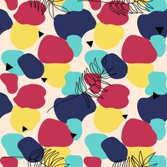 colorful simple black line leaves and layers shape illustration seamless repeat pattern, square - composition.