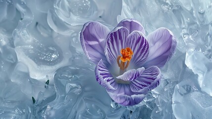 Gorgeous crocus bloom peeking through the ice