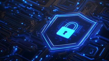 Digital cybersecurity concept with a glowing blue padlock symbol on a circuit board, representing online protection and data security.