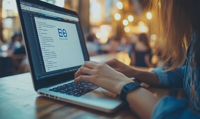 Data Search Technology SEO Search Engine Optimization concept. Woman typing on laptop computer keyboard to search data on web browser, Generative AI