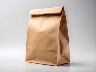 Brown kraft paper bag with folded top and flat bottom, isolated on a light background, perfect for showcasing products or designs in a clean format.