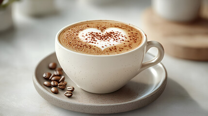 Cup of cappuccino with heart shape latte, isolated background