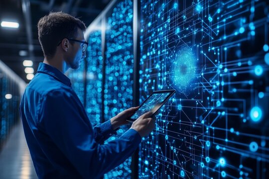 IT Technician, software engineer working with big data on digital tablet and AI connecting with data center, server room, data engineering, digital technology, Generative AI