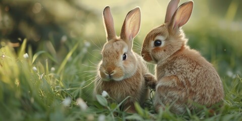 Fototapeta premium Two adorable bunnies side by side during the summer