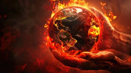 A conceptual image depicting the Earth engulfed in fiery flames, signifying global warming, environmental crises, and climate change effects.