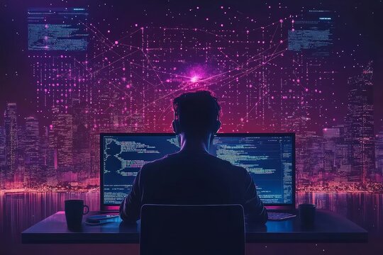 Data exchange, digital technology, cloud computing concept. Computer programmer working with tablet computer and laptop with AI and data exchange, computer code, internet global, Generative AI