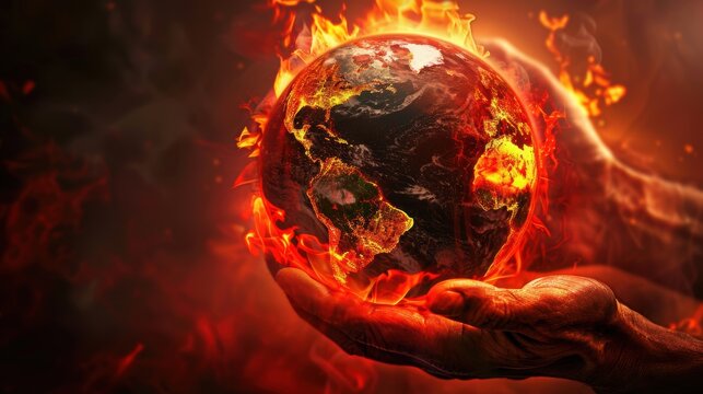 A conceptual image depicting the Earth engulfed in fiery flames, signifying global warming, environmental crises, and climate change effects.