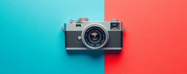 Fototapeta premium Vintage camera on blue and red background.