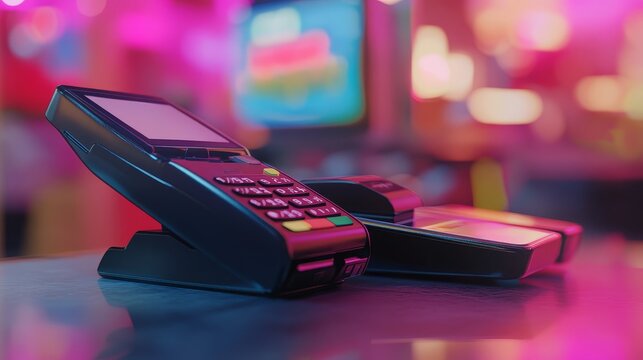 A close-up shot of a payment terminal on a counter, with a blurred neon background.