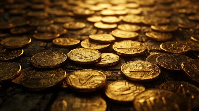 A close-up shot of a pile of shiny gold coins. The coins are arranged in a random pattern and illuminated by a warm light.