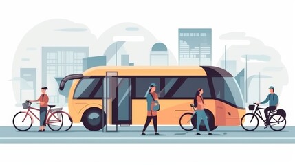 A yellow bus is driving down a street with people walking and riding bicycles